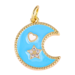 Blue enamel moon charm with heart and star zircon accents in gold-plated copper finish