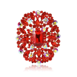 Exquisite gold-plated round brooch with red crystals and colorful rhinestones