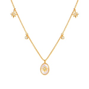 Collier en plaqué or 18 carats avec nacre ovale, pendentifs étoiles et zircons