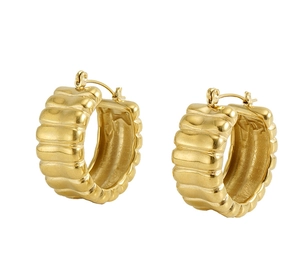 Detailed macro view of 18k gold-plated U-shaped earrings with horizontal textured ripples