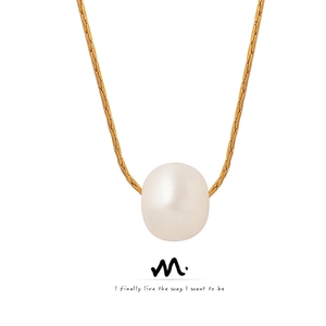 Minimalist Freshwater Pearl Pendant Necklace Titanium Steel 18K Gold Plated French Style Clavicle Chain For Women