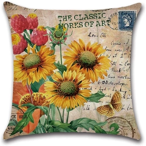 Vintage linen sunflower throw pillow cover with floral stamps and butterfly print
