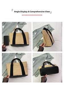 Detailed views of handmade straw tote bag with black handles and reinforced base