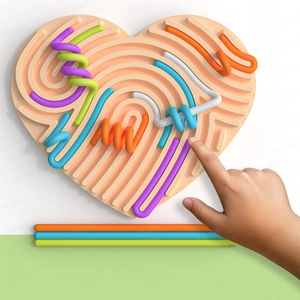 Detailed close-up of heart-shaped sensory board with colorful silicone flexible strings
