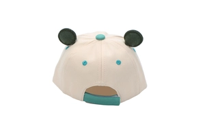 Detail of baby baseball cap back with adjustable velcro strap and cute animal ears