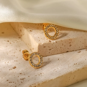 Gold plated stainless steel hollow round stud earrings with shimmering pave zircon stones