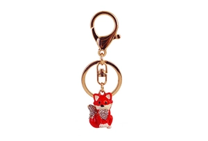 Detail of red fox keychain with sparkling crystals on tail and gold-tone lobster clasp