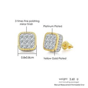 Detailed view of gold plated square hip hop stud earrings with micro-pave zircons