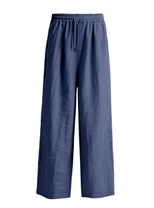 Detailed view of dark blue breathable cotton linen fabric texture and drawstring waistband