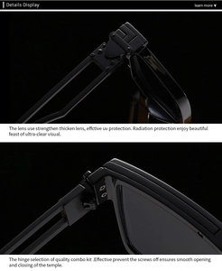 Detailed close-up of high-quality hinges and UV-protective lenses on black square sunglasses