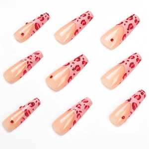 Pink leopard print long coffin press-on nails set with red rhinestone embellishments