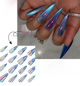 Detail of long stiletto press-on nails with blue aurora cat eye chrome gradient effect