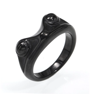 Polished black stainless steel frog ring with 3D animal design shown at 45-degree angle