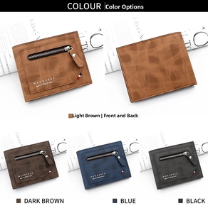 Detail view of men's matte short wallet showing multi-color options and zippered coin pocket
