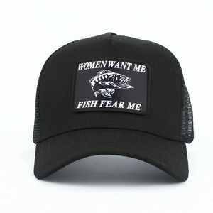 Detail of black trucker hat featuring 'WOMEN WANT ME FISH FEAR ME' patch with mesh back