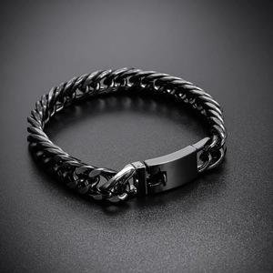 Detail of 10mm black metal Cuban link bracelet with industrial buckle and matte finish