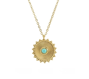 Detail of stainless steel necklace featuring a turquoise sunburst pendant and classic chain