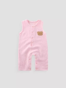 Pink cotton gauze baby summer bodysuit with sleeveless design and cute bear embroidery
