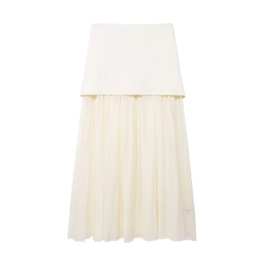 Women's cream white tiered mesh skirt featuring knitted top and pleated hem details