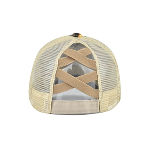 Beige mesh ponytail baseball cap featuring crisscross elastic bands for high buns