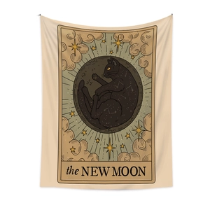 Bohemian tarot style wall tapestry featuring a black cat with golden stars and moon