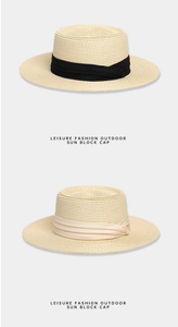 Flat top straw sun hats with chic black and beige decorative ribbons for summer leisure