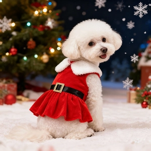 Detailed macro shot of festive red velvet pet dress with plush white collar and belt