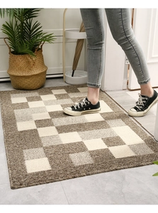 Brown checkered entrance mat on gray tile floor with decorative green house plants