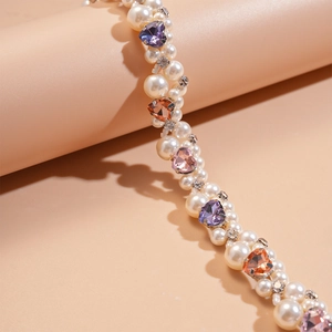 Double-layer faux pearl heart necklace with purple and orange crystal rhinestones