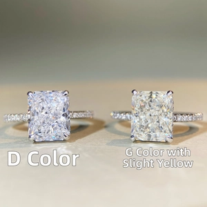Macro side-by-side comparison of D color and G color radiant cut silver rings