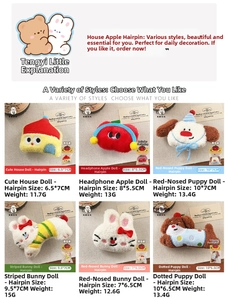 Detail view of plush cartoon hair clips showing dimensions and soft texture materials