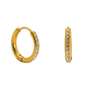 Macro shot of 18K gold plated hoop earrings featuring round zircon inlay on a white background