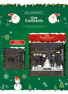 Detailed white Christmas window stickers with Santa sleigh, reindeer, and snowflakes