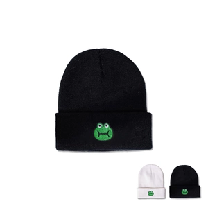 Cute Frog Embroidery Knitted Beanie Hat Acrylic Warm Cuffed Winter Skull Cap For Men Women Trendy Solid Color