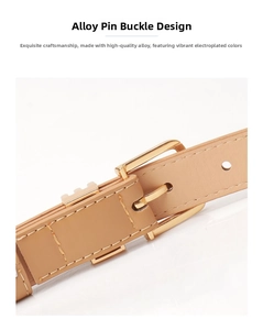 Detailed close-up of light brown PU leather belt with golden alloy pin buckle finish