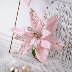Grande fleur de Noël artificielle rose avec paillettes dorées pour décoration de fête
