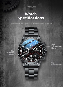 Detailed size chart for the automatic sport watch showing 44mm dial diameter and strap length