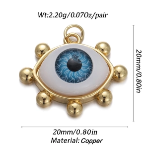 Detailed close-up of 20mm copper Evil Eye pendant with weight and size specifications