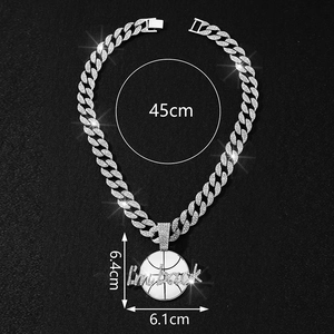 Hip hop silver Cuban link necklace with iced-out I'm back basketball pendant, 45cm chain