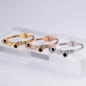 Macro detail of Roman numeral bracelet with white shell inlay and zircon accents