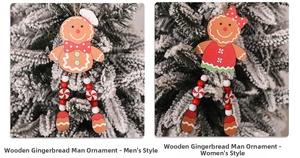 Detailed close-up of wooden gingerbread man ornaments with beaded legs on a Christmas tree