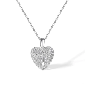 Elegant angel wings heart pendant necklace in silver with sparkling zircon stones
