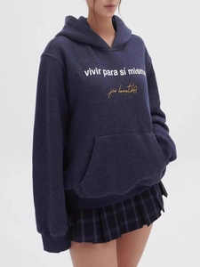 Navy blue hoodie with Spanish graphic and matching plaid pleated mini skirt for women