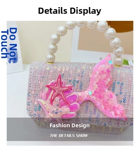 Detail showing pink tweed texture with sequins, pearl handle, and mermaid tail decor