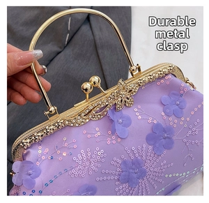 Detail of lavender evening clutch featuring 3D floral accents and a rhinestone-encrusted lock