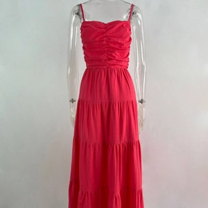 Rose red tiered maxi dress with spaghetti straps and pleated bust detail for women
