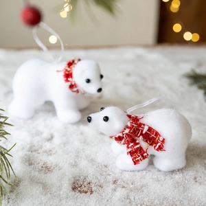 Set of 2 flocked white polar bear Christmas tree ornaments with red scarves on snow
