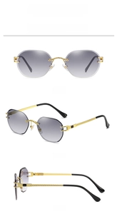 Detailed views of rimless diamond cut sunglasses with gradient grey lenses and gold frame