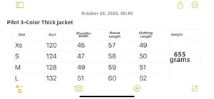 Detailed size chart for the French retro bomber jacket including chest and sleeve measurements
