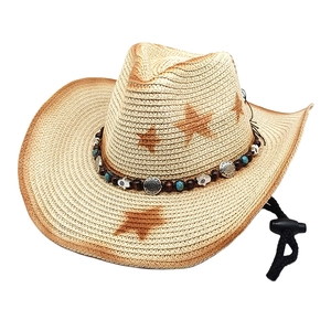 Straw cowboy hat with star print and ethnic bead band for sun protection outdoors